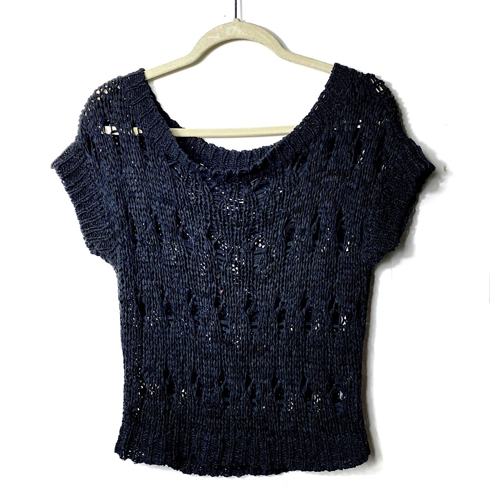 Express Black Open Knit Bardot Sweater Off Shoulder Crochet Boxy Top Crop Boho
